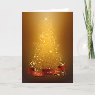 Gold Christmas Tree-Happy New Year-Merry Christmas Holiday Card