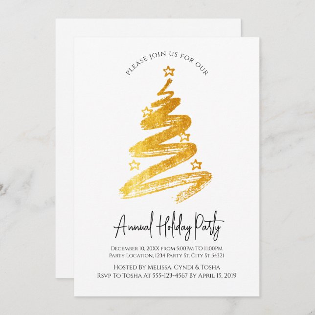 Gold Christmas Tree Holiday Party Invitations (Front/Back)