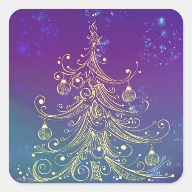 Gold Christmas Tree Motif Purple Teal Square Sticker (Front)