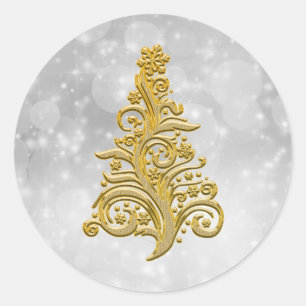 Gold Christmas Tree on a Silver Background Classic Round Sticker