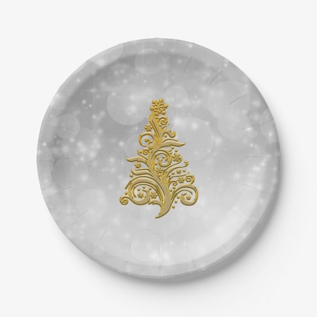 Gold Christmas Tree on a Silver Background Paper Plate (Front)