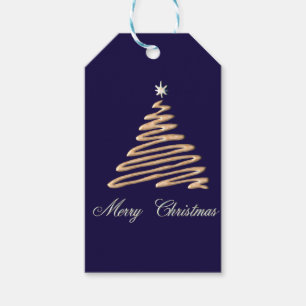 Gold Christmas Tree on Navy Background Gift Tags