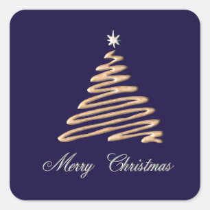 Gold Christmas Tree on Navy Background Square Sticker