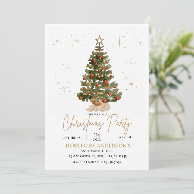  gold christmas tree party invite  (Standing Front)