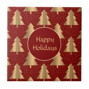 Gold Christmas Tree Pattern on Red Tile