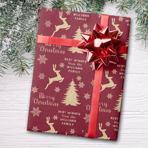 Gold Christmas Tree Reindeer Personalized Wrapping Paper
