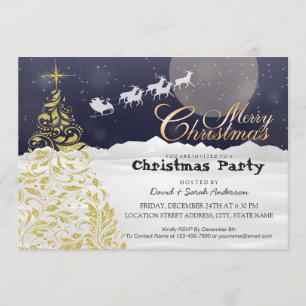 Gold Christmas Tree & Santa Sleigh Reindeer Party Invitation