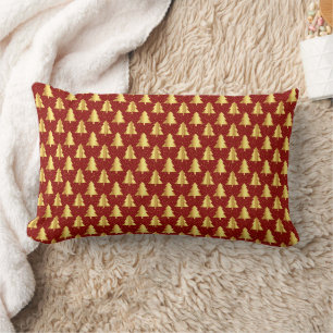 Gold Christmas Tree Seamless Pattern on Red Lumbar Pillow