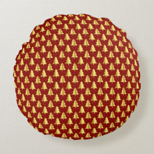 Gold Christmas Tree Seamless Pattern on Red Round Pillow