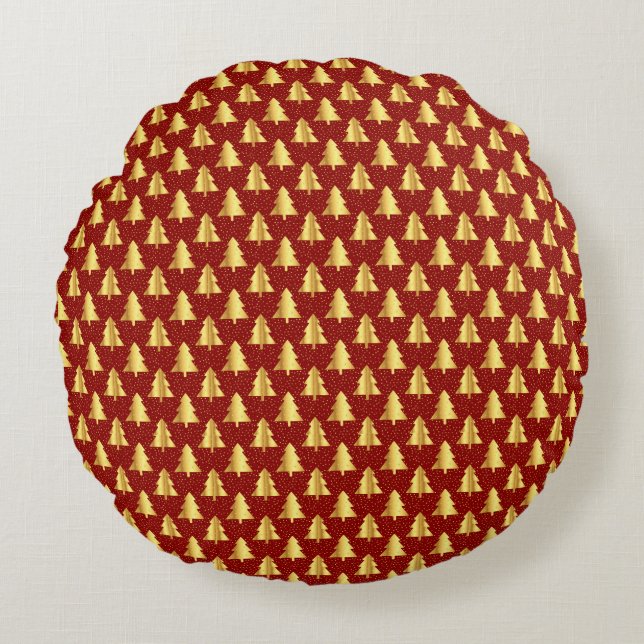 Gold Christmas Tree Seamless Pattern on Red  Round Pillow (Front)