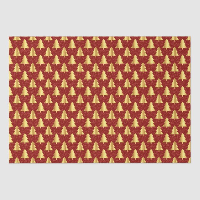Gold Christmas Tree Seamless Pattern on Red  Tissue Paper (Front)