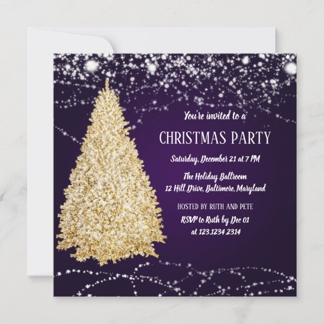 Gold Christmas Tree Shining Star Party Purple Invitation (Front)