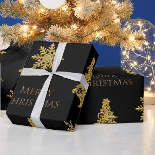 Gold Christmas Tree Snowflake on Black Wrapping Paper