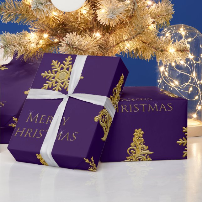 Gold Christmas Tree Snowflake on Purple  Wrapping Wrapping Paper (Holidays)