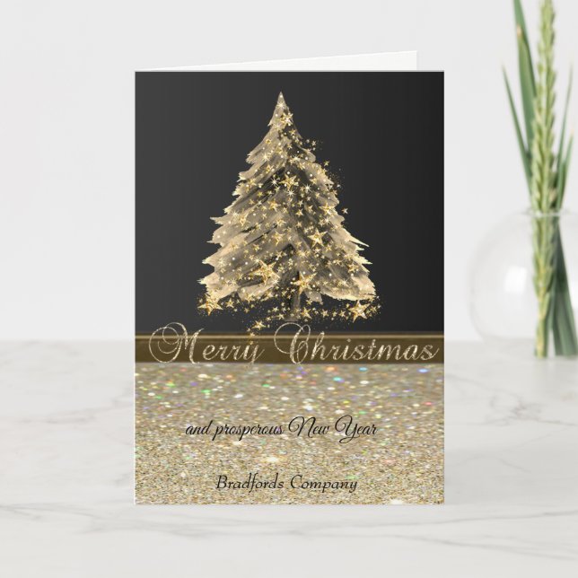 Gold Christmas Tree,Stars Glittery,Company Holiday Card (Front)