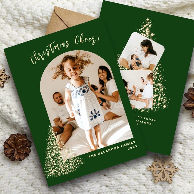 Gold Christmas Tree Two Photo 2023 Holiday Card (Creator Uploaded)