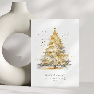 Gold Christmas Tree Watercolor Personalized  Holiday Card