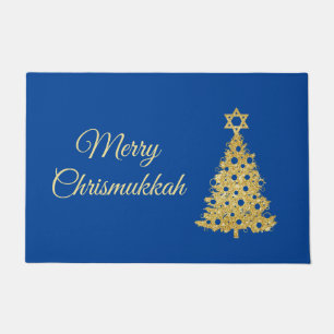 Gold Christmas Tree with Star of David Door Mat