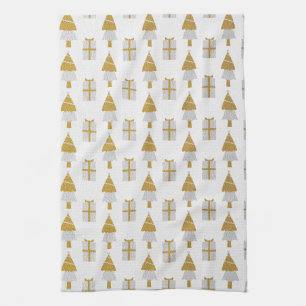 Gold Christmas Trees and Presents Kitchen Towel
