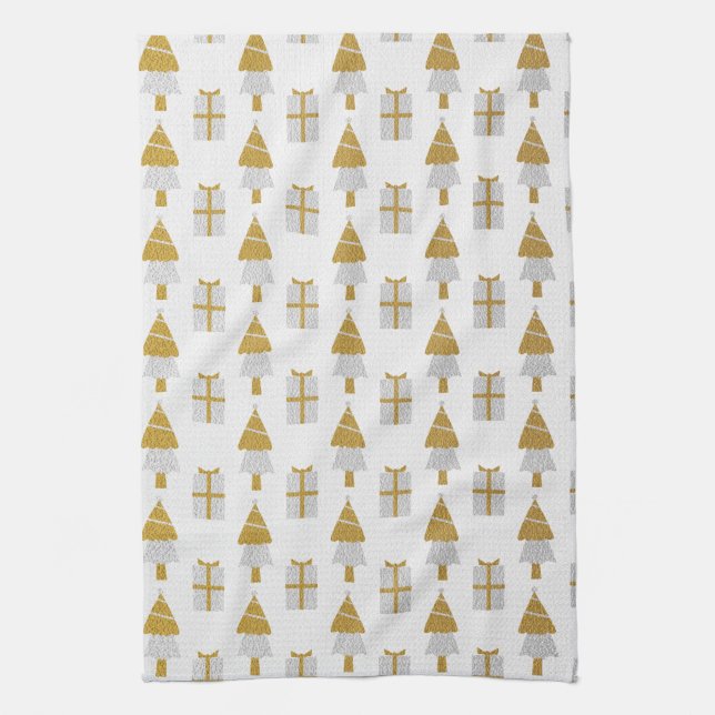Gold Christmas Trees and Presents Kitchen Towel (Vertical)