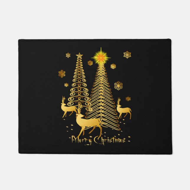 Gold Christmas Trees and Reindeer Doormat (Front)