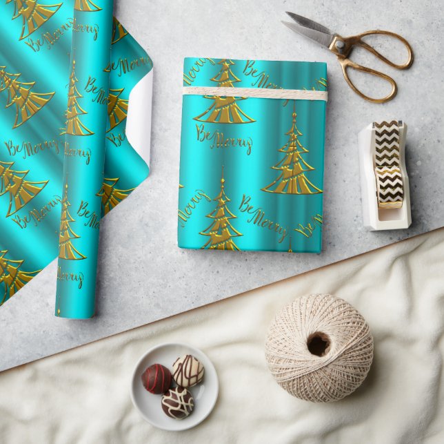 Gold Christmas Trees Be Merry Aqua Christmas Wrapping Paper (Crafts)