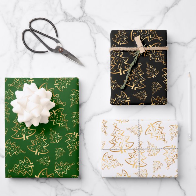 Gold Christmas Trees on Green, Black, White Wrapping Paper Sheet (Front)