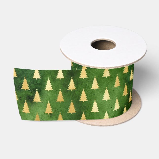 Gold Christmas Trees on Green Satin Ribbon (Spool)