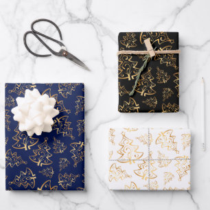 Gold Christmas Trees on Navy Blue, Black, White Wrapping Paper Sheet