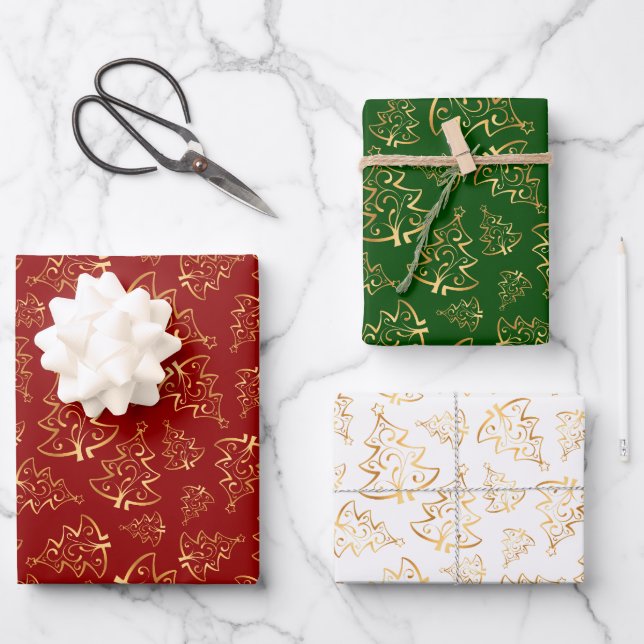 Gold Christmas Trees on Red, Green, White Wrapping Paper Sheet (Front)