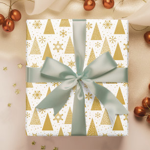 Gold Christmas Trees Snowflakes Holiday Pattern Wrapping Paper