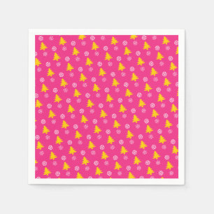 Gold Christmas Trees & White Snow Flakes, Fuchsia Napkin