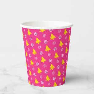 Gold Christmas Trees & White Snow Flakes, Fuchsia Paper Cups