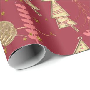 Gold Christmas Trees Wrapping Paper Burgundy