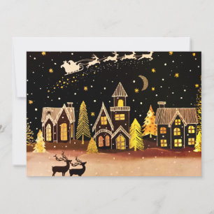 Gold Christmas Village Deer Winter Night Holiday Card