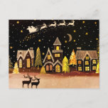 Gold Christmas Village Deer Winter Night Postcard<br><div class="desc">The perfect cold Christmas Eve night with reindeer take flight and pull along Santa and his sleigh. Below,  a village eagerly awaits St. Nick's arrival.</div>