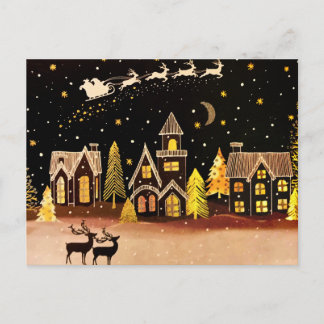 Gold Christmas Village Deer Winter Night Postcard
