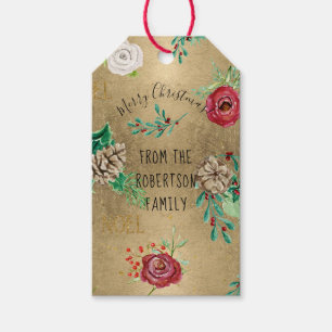 Gold Christmas Watercolor Burgundy Floral Family Gift Tags