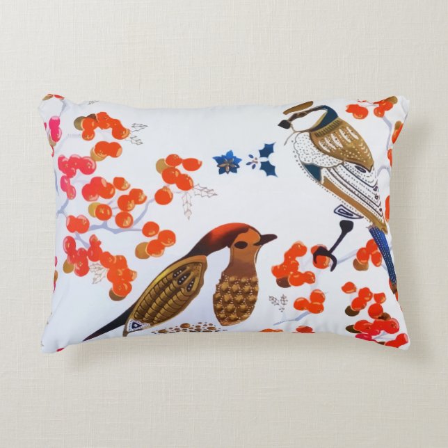 Gold Christmas Winter Birds Holly Berries Branches Accent Pillow (Front)