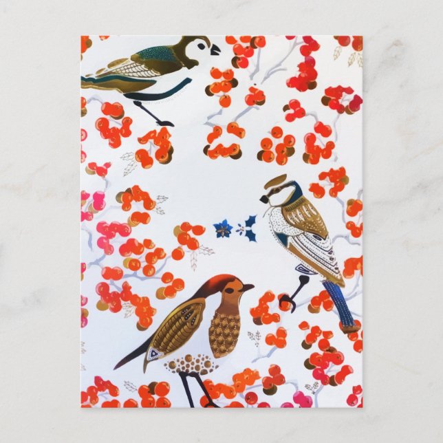 Gold Christmas Winter Birds Holly Berries Branches Postcard (Front)