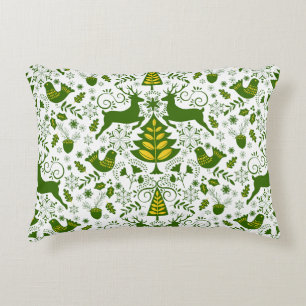Gold Christmas Woodland Deer Birds in Bloom Accent Pillow