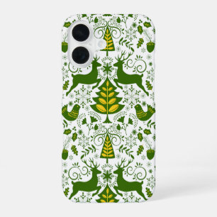 Gold Christmas Woodland Deer Birds in Bloom iPhone 16 Case