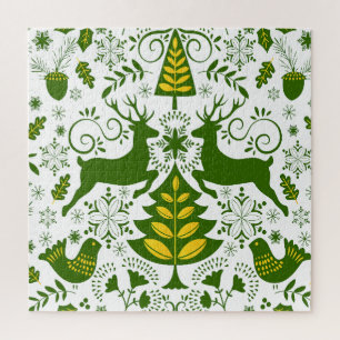 Gold Christmas Woodland Deer Birds in Bloom Jigsaw Puzzle