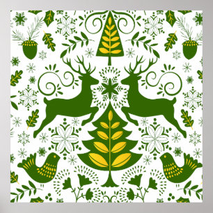 Gold Christmas Woodland Deer Birds in Bloom Poster