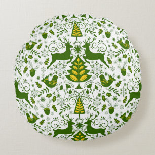 Gold Christmas Woodland Deer Birds in Bloom Round Pillow