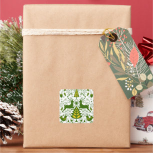 Gold Christmas Woodland Deer Birds in Bloom Square Sticker