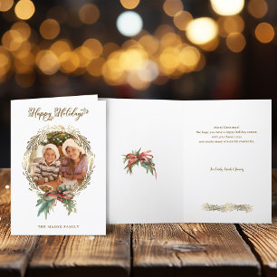 Gold Christmas Wreath Happy Holidays Script Photo Holiday Card