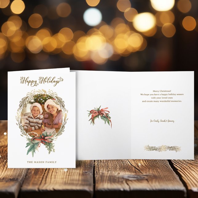Gold Christmas Wreath Happy Holidays Script Photo Holiday Card (Creator Uploaded)