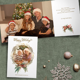 Gold Christmas Wreath Happy Holidays Script Photo Tri-Fold Card