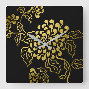 Gold Chrysanthemum on Any Colour Square Wall Clock